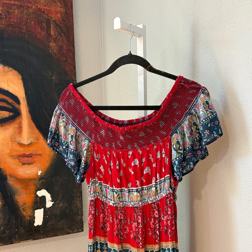 Boho Red Floral Maxi Dress with Contrasting Sleeves